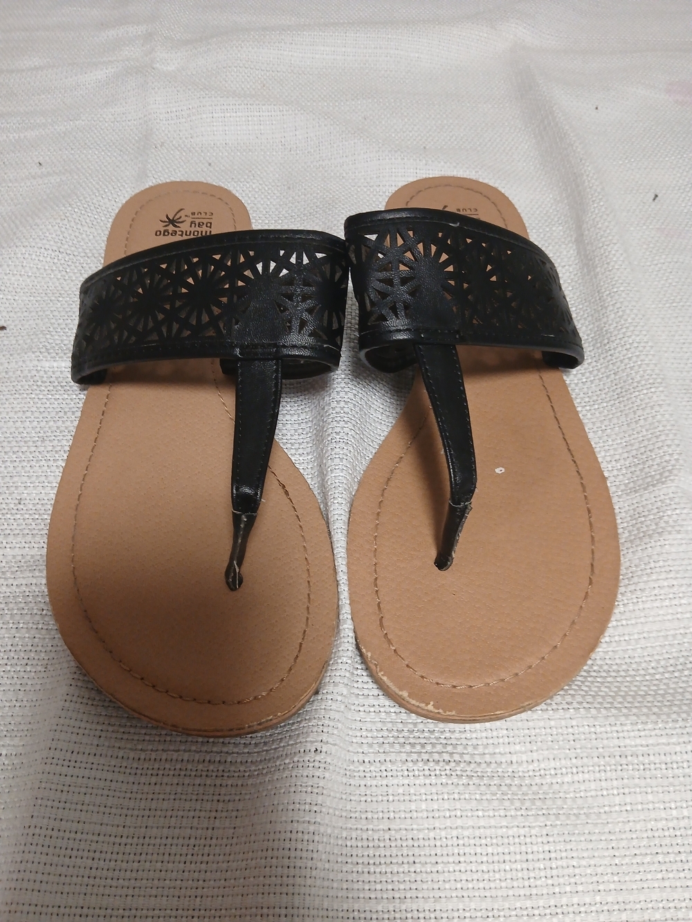 Montego Bay Club Black Laser-Cut Thong Sandals with Tan Footbed